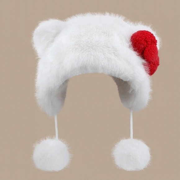 Hello Kitty Inspired Fuzzy Hat with Red Bow & Pom-Poms - Picture 3 of 10
